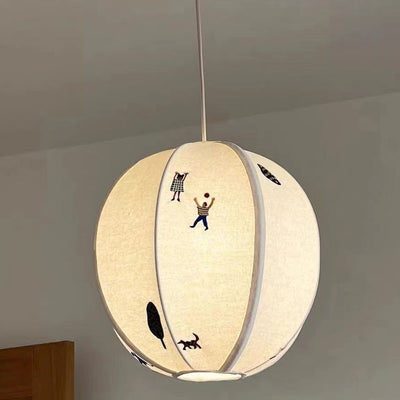 Traditional Chinese Lantern Round Fabric Cotton Linen 1-Light Pendant Light For Living Room