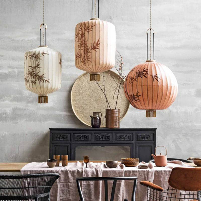 Traditional Chinese Bamboo Pattern Fabric Lantern Shade 1-Light Pendant Light For Dining Room