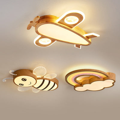 Contemporary Creative Woodgrain Cartoon Animal Bee Aircraft Acrylic LED Kids Flush Mount Ceiling Light For Living Room