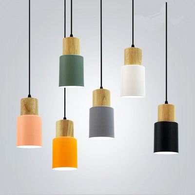 Contemporary Nordic Cylinder Hardware Wood 1-Light Pendant Light For Living Room