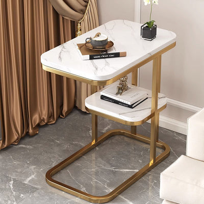 Modern Luxury Rectangular Faux Panel Metal Side Table 2-Tier For Living Room