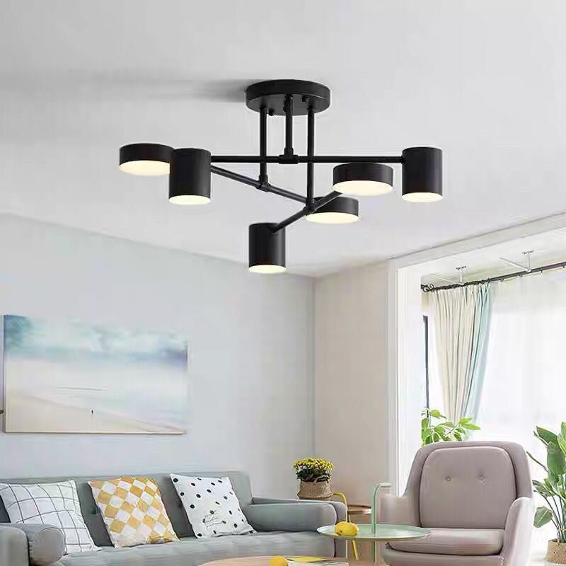 Contemporary Nordic Iron Aluminum Acrylic Round Cylinder Branch LED Semi-Flush Mount Ceiling Light For Living Room