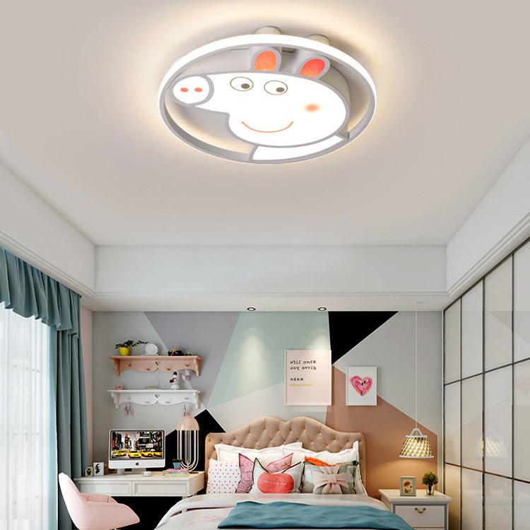 Contemporary Creative Kids Iron Acrylic Round Pig LED Flush Mount Ceiling Light For Bedroom