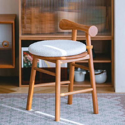 Tabouret de coiffeuse rond en bois et laine d'agneau de simplicité moderne avec dossier et repose-pieds pour chambre 