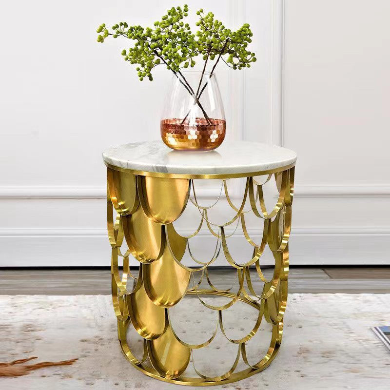 Modern Luxury Round Cylinder Scale Shape Marble Titanium Coffee Table For Living Room