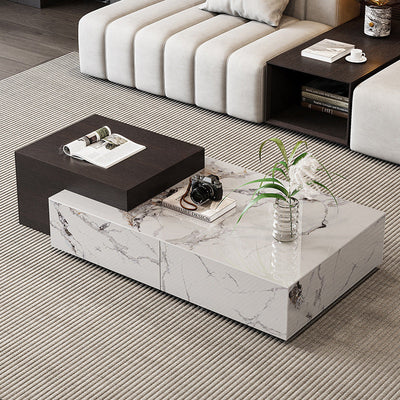 Modern Minimalist Rectangular Square Rock Plate Wood Coffee Table 4-Drawer For Living Room