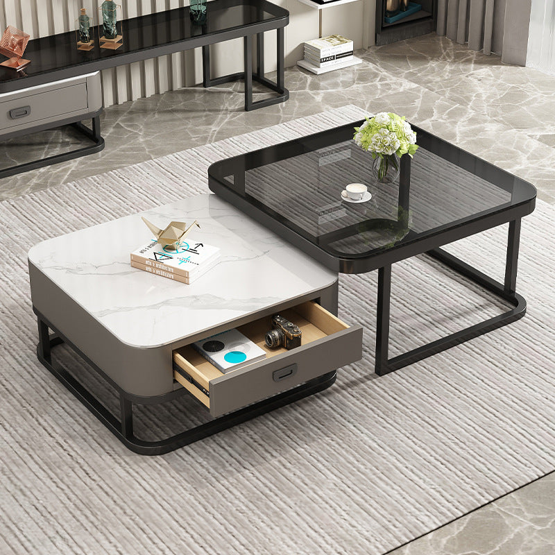 Modern Minimalist Square Rock Slab Glass Metal Combination Coffee Table 1-Drawer For Living Room