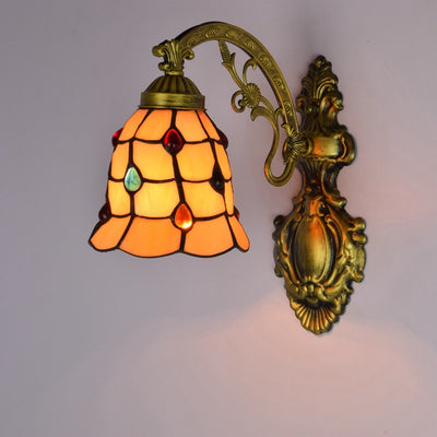 Traditional Tiffany Iron Crystal Stained Glass Flower 1-Light Wall Sconce Lamp For Living Room