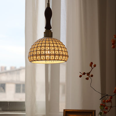 Contemporary Retro Ceramic Basket Shade Wood Brass 1-Light Pendant Light