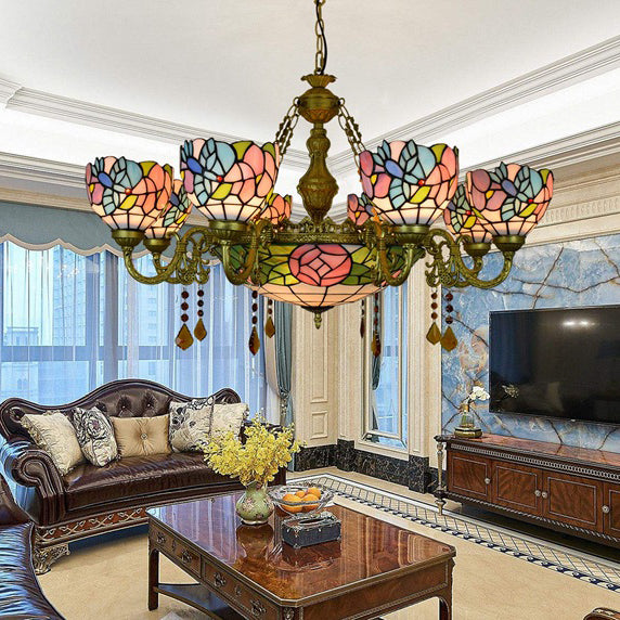 Traditional Tiffany Flower Dome Iron Glass Alloy 8/11 Light Chandeliers For Living Room