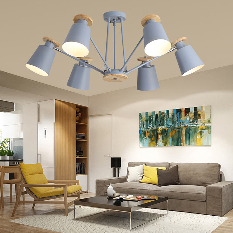 Contemporary Scandinavian Branch Cylindrical Cup Wood Iron 6/8 Light Chandelier For Living Room