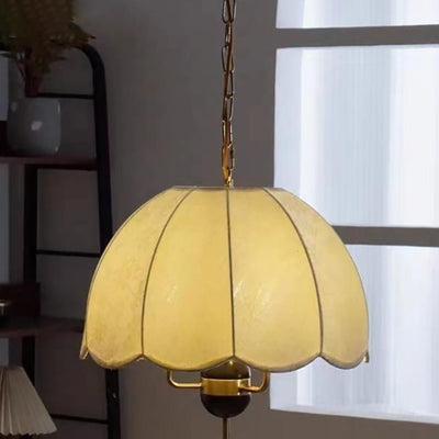 Traditional French Metal Wood Fabric Dome Decorative Border 3-Light Pendant Light For Dining Room