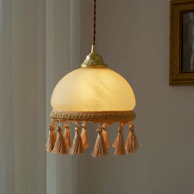 Traditional French Round Tassel Glass Copper Fabric 1-Light Pendant Light For Living Room