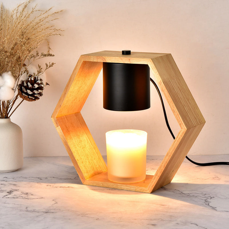 Lampe de table à 1 lumière hexagonale minimaliste moderne en métal et bois pour aromathérapie 