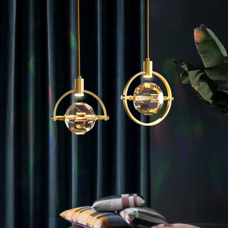 Modern Luxury Full Copper Circle Ring Crystal Ball LED Pendant Light For Living Room