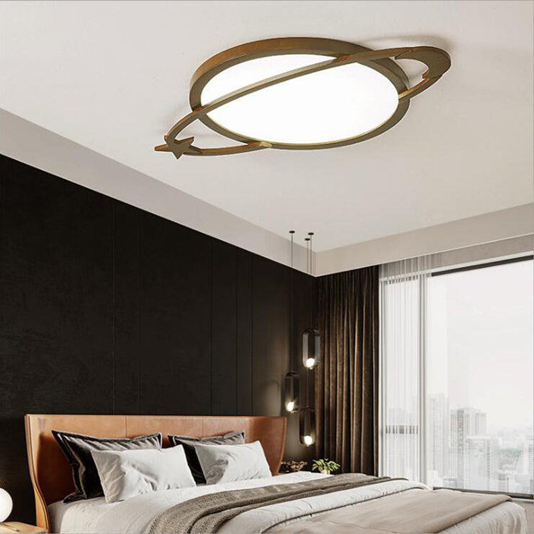 Contemporary Scandinavian Wood Acrylic Planet Round LED Flush Mount Ceiling Light For Bedroom