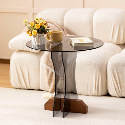 Modern Minimalist Round Glass End Table 1-Tier For Living Room