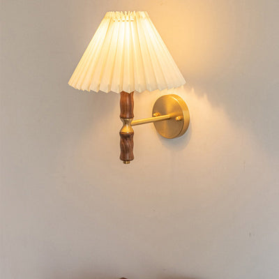 Traditional Japanese Copper Walnut Fabric Ceramic Conic Pleated 1-Light Wall Sconce Lamp For Bedside