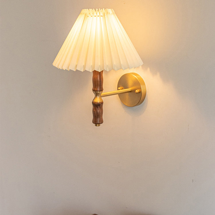 Traditional Japanese Copper Walnut Fabric Ceramic Conic Pleated 1-Light Wall Sconce Lamp For Bedside