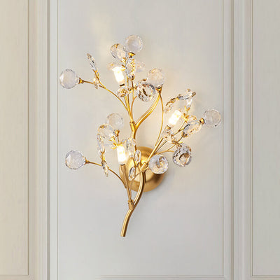 Contemporary Creative Branch Ball Leaf Iron Crystal 2/3 Light Wall Sconce Lamp For Living Room