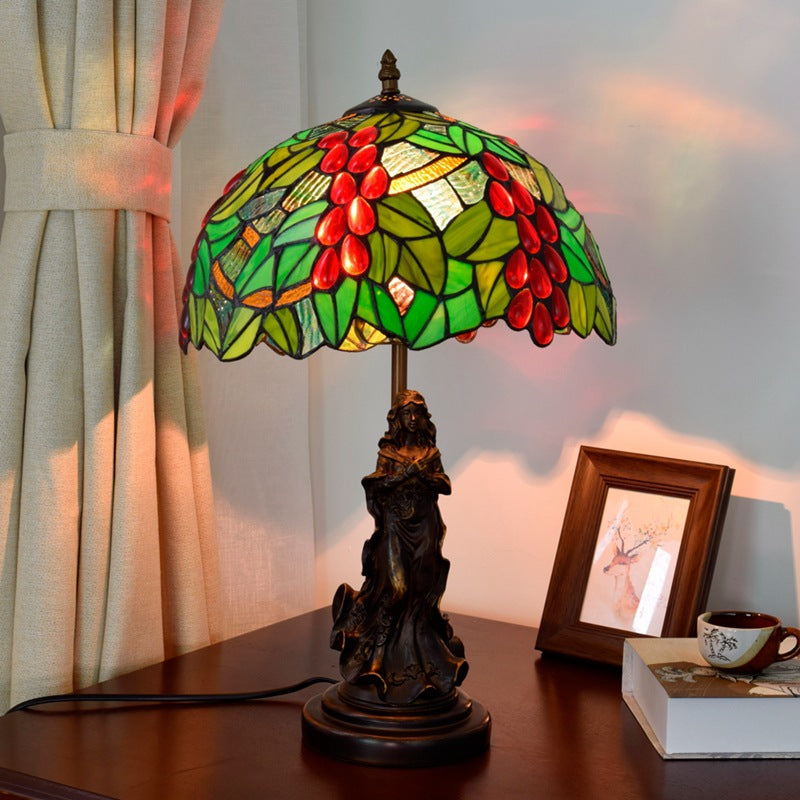 Traditional Tiffany Grape Decor Stained Glass Shade Resin Base 1-Light Table Lamp For Bedroom