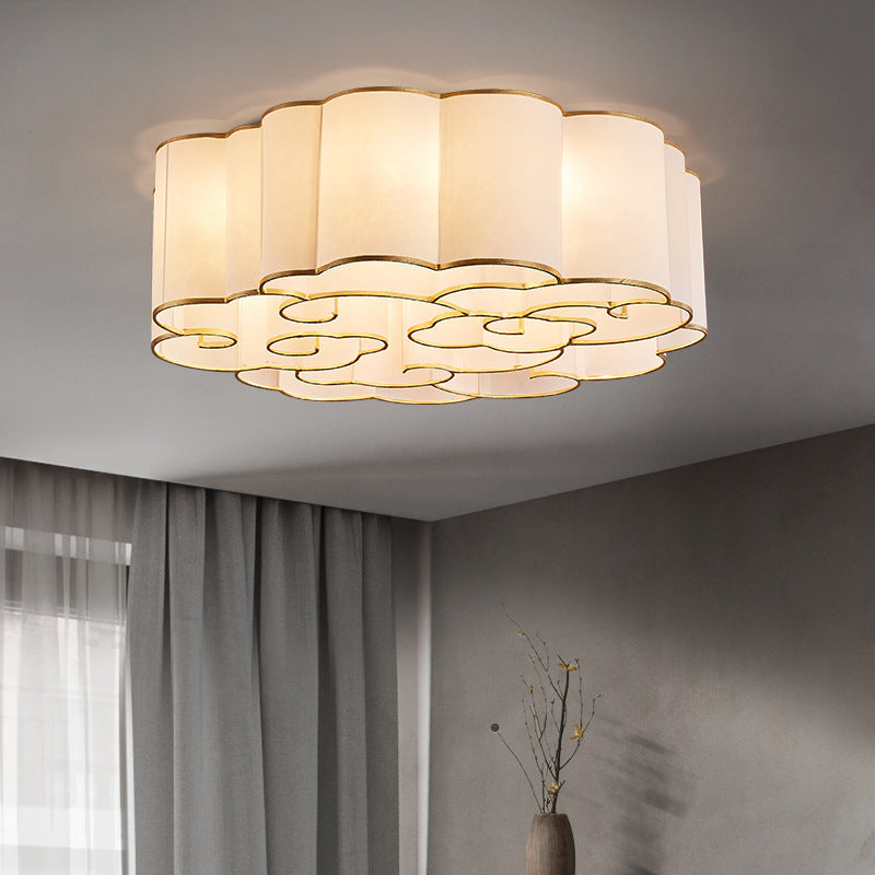 Traditional Chinese Iron Fabric Round Cloud 5/6/7/9/12/13 Light Flush Mount Ceiling Light For Bedroom