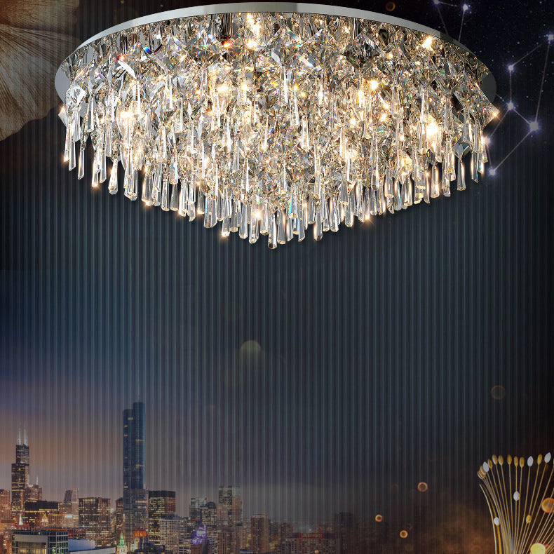 Contemporary Luxury Dazzling Prismatic Crystal Strings Stainless Steel Round Frame 2/6/8-Light Flush Mount Ceiling Light For Living Room