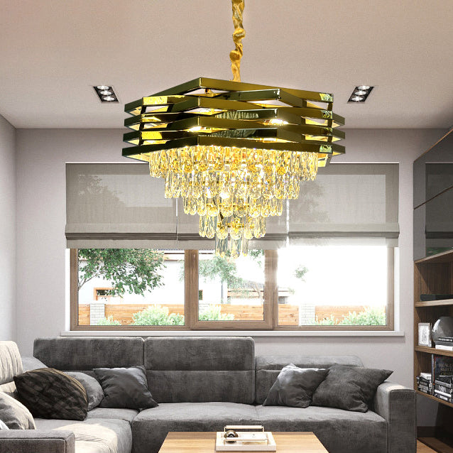 Contemporary Luxury Square Stacked Branch Crystal Metal Stainless Steel 5/7/8/9 Light Chandelier For Living Room