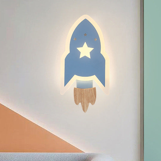 Contemporary Creative Kids Wood Acrylic Rocket LED Wall Sconce Lamp For Bedside