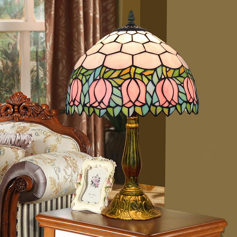 Traditional Tiffany Tulip Floral Aluminum Stained Glass 1-Light Table Lamp For Bedroom