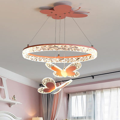 Contemporary Creative Kids Round Butterfly Iron Acrylic LED Chandelier For Bedroom