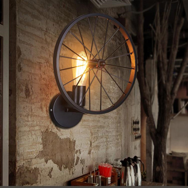 Contemporary Industrial Round Wheel Iron Glass 1-Light Wall Sconce Lamp For Living Room