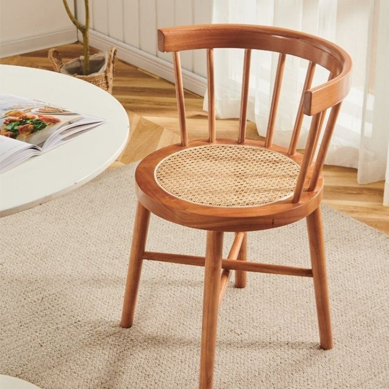 Contemporary Nordic Round Rubberwood Rattan Dining Chair Backrest For Dining Room