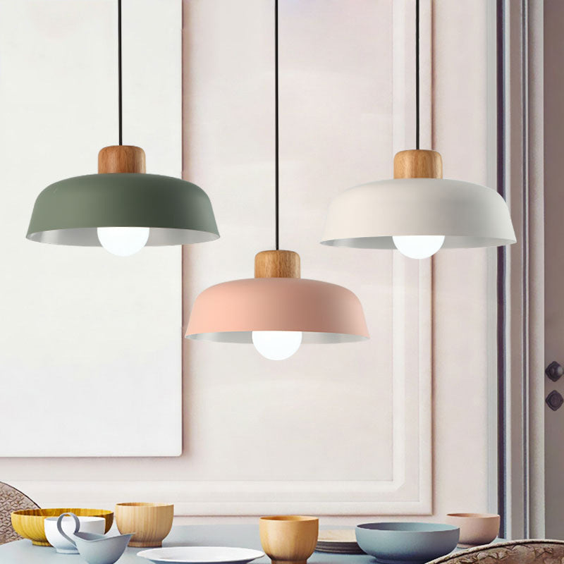 Contemporary Scandinavian Round Bowl Metal Rubber Wood 1-Light Pendant Light For Dining Room