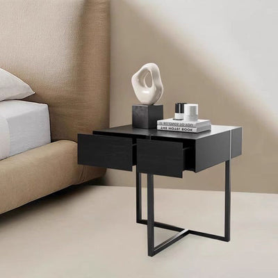 Modern Simplicity Rectangular Tabletop Solid Wood Stainless Steel Nightstand 2-Drawer For Bedroom