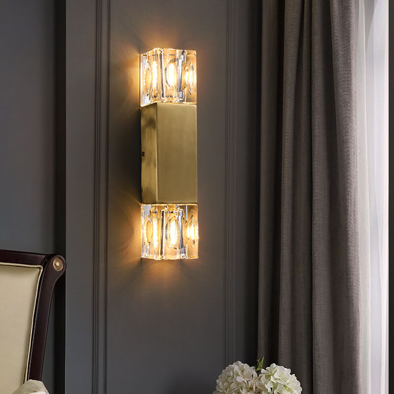 Minimalist Light Crystal Square Column Brass 2-Light Wall Sconce Lamp