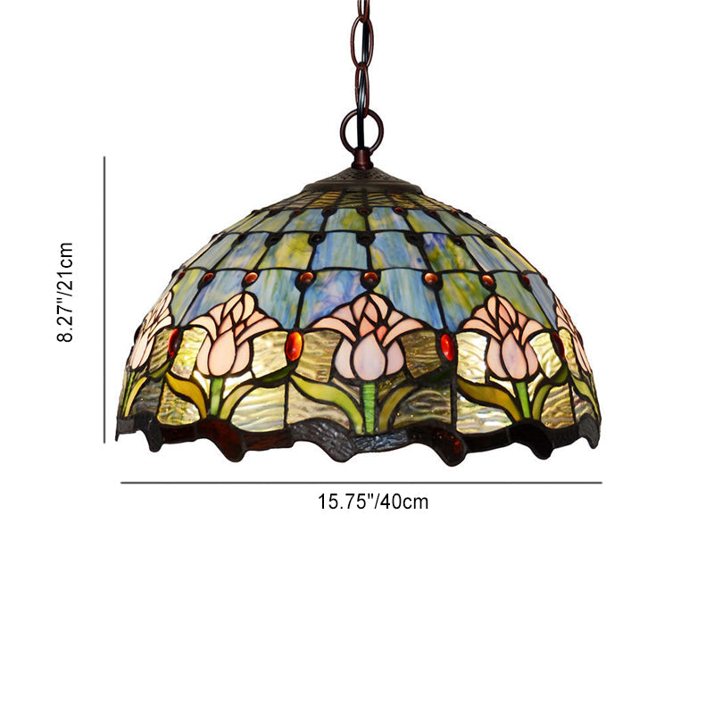 Traditional Tiffany Pastoral Tulip Stained Glass Dome 2-Light Chandelier For Dining Room