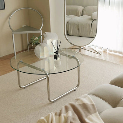 Modern Minimalist Round Glass Steel Tube Base Coffee Table For Living Room