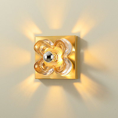 Modern Minimalist Round Square Clover Copper Glass 1-Light Wall Sconce Lamp For Bedroom