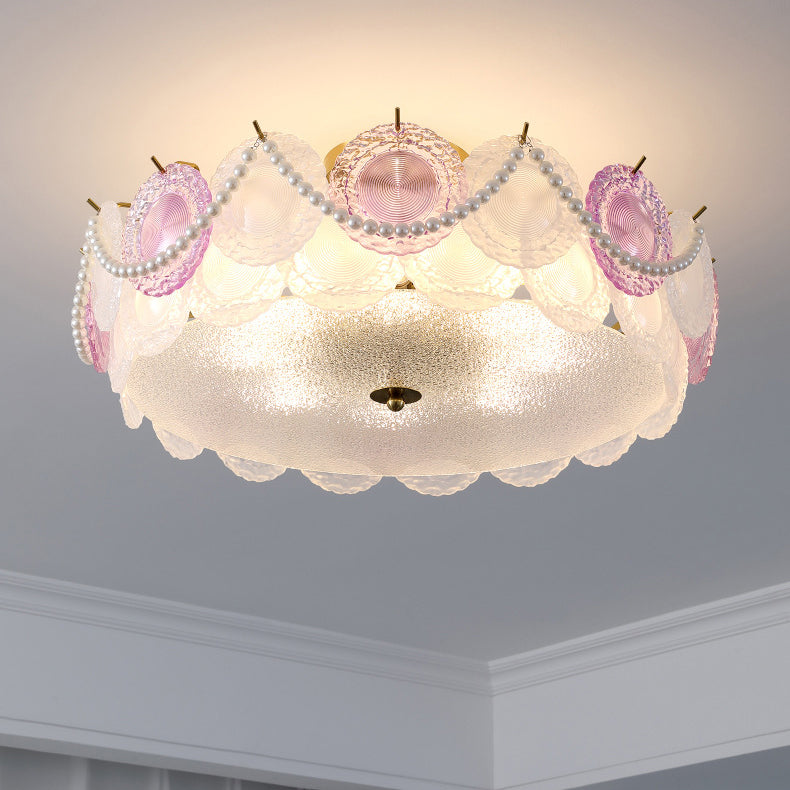 Traditional French Shell Textured Glass Round Shade Pearl Decor 5/8-Light Semi-Flush Mount Ceiling Light For Living Room