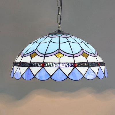 Traditional Tiffany Round Dome Iron Stained Glass 1-Light Pendant Light For Living Room