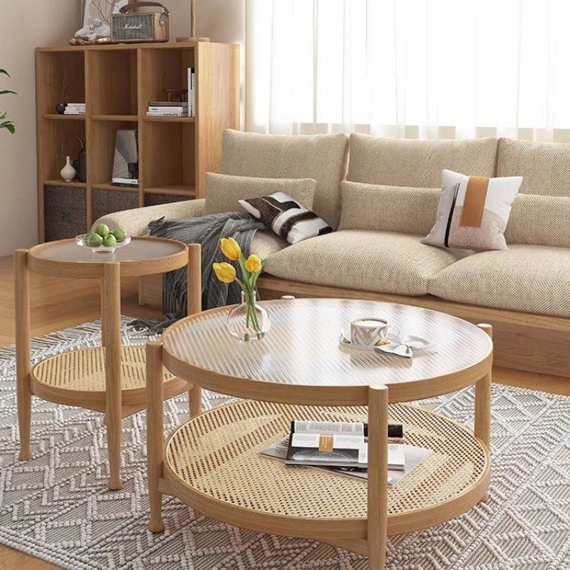 Modern Minimalist Round Horizontal Strip Glass Rattan Wooden Coffee Table 2-Tier For Living Room