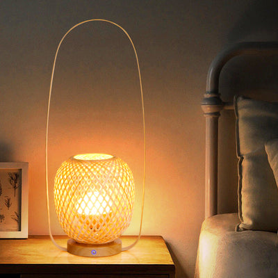 Traditional Japanese Bamboo Weaving Cage Portable LED USB Table Lamp For Bedroom