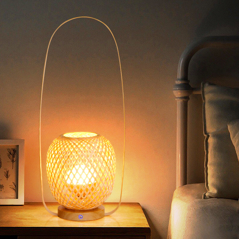 Traditional Japanese Bamboo Weaving Cage Portable LED USB Table Lamp For Bedroom