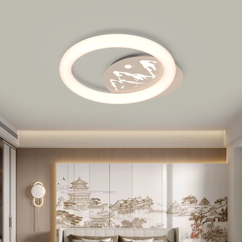 Traditional Chinese Round Circle Mountain Waves Cloud Iron Plastic LED Flush Mount Ceiling Light For Bedroom