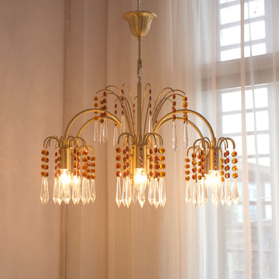 Traditional French Hanging Bead Chain Copper Crystal 3/6/8 Light Chandeliers For Livnig Room