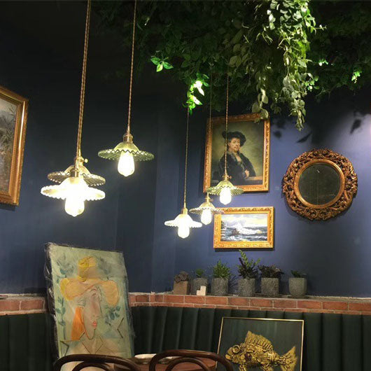 Luminaire suspendu à 1 lumière en verre en laiton ondulé rond vintage traditionnel pour le salon 