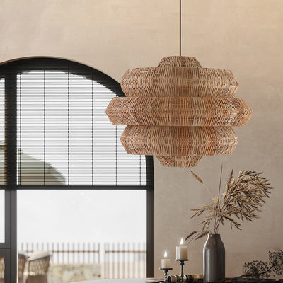 Contemporary Boho Multi Layered Round Rattan Woven 1-Light Chandelier For Living Room