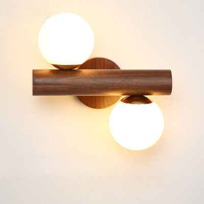 Traditional Japanese Metal Rubber Wood Walnut Glass Cylinder Strip Ball 2-Light Wall Sconce Lamp For Bedside
