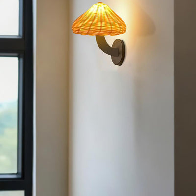 Traditional Japanese Rattan Iron Mushroom Shape 1-Light Wall Sconce Lamp For Bedroom